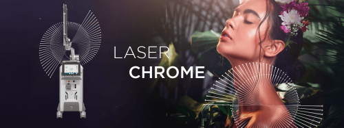Imagem do equipamento Laser Chrome ao lado de uma mulher com pele radiante, destacando sua eficiência em tratamentos dermatológicos.